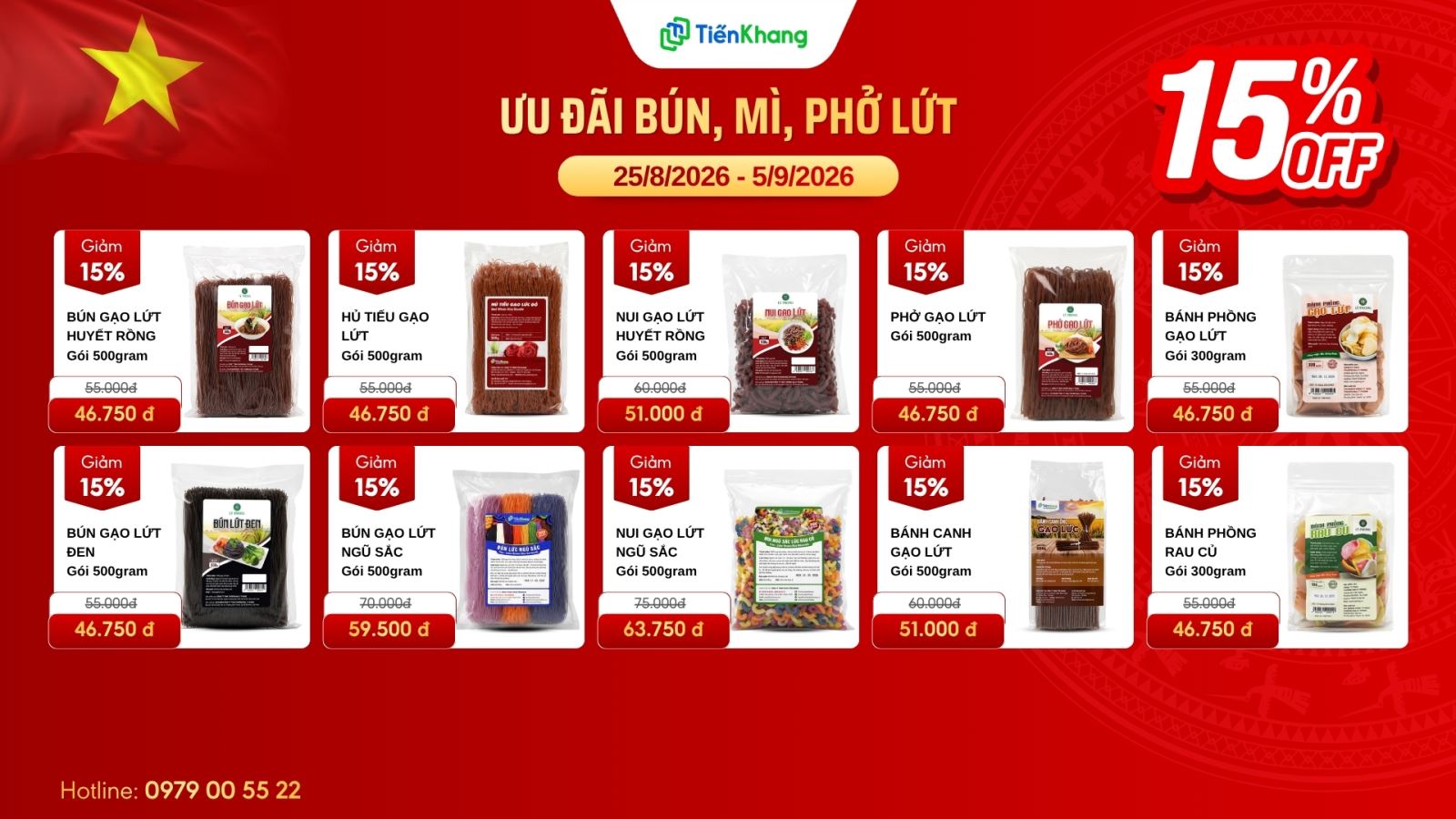 Bún, phở, nui gạo lứt giảm giá 15%